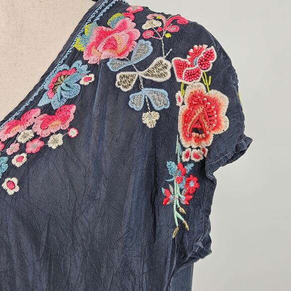 Johnny Was Embroidered Tunic Mini Dress Gray Rayon | Women's Small - Picture 15 of 16